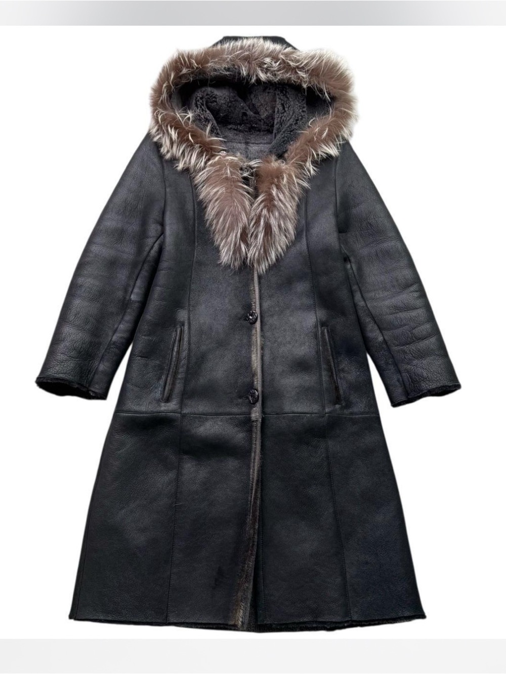 Shearling Leather Hooded Trench Coat with Fur Trim Italy M